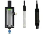 MicroChem3 probe and flow cell components by De Nora, showing pH/ORP/conductivity sensors and clear mounting cell for online water and wastewater monitoring.
